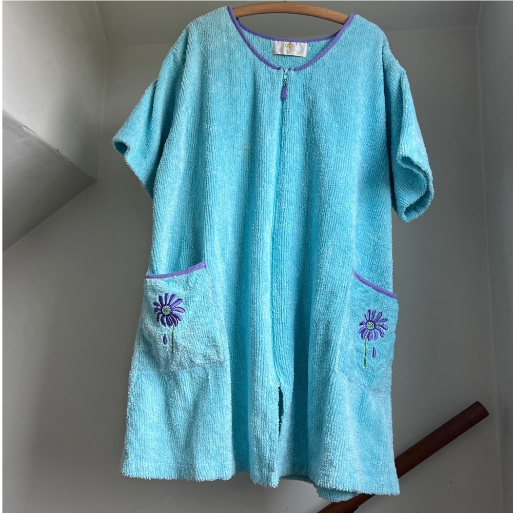 Vintage Stan Herman Zip Front House Dress 2X Blue Terry Cloth Chenille Herbcraft